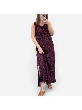 Vintage 90s Floral Maxi Dress Black Pink Slit Rayon